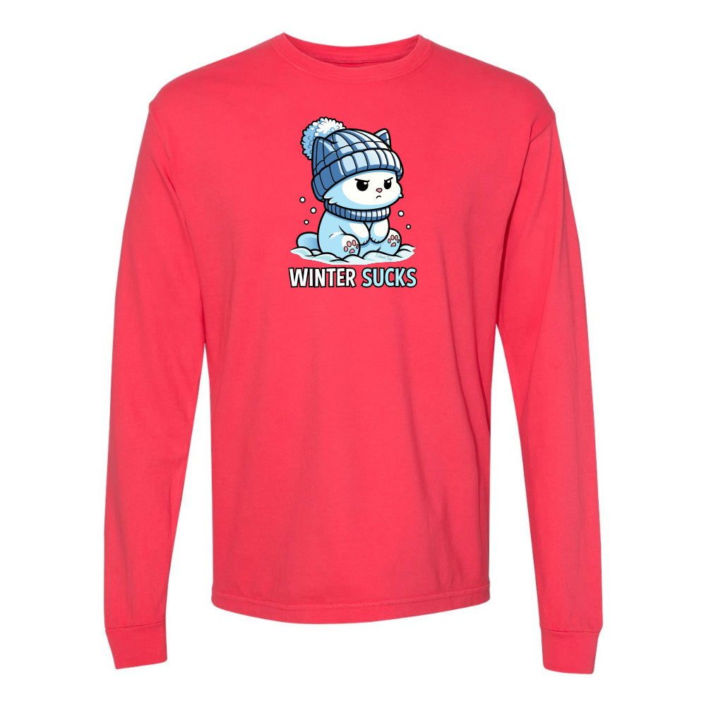 Red long-sleeve shirt with a cartoon character and 'Winter Sucks' text on a white background
