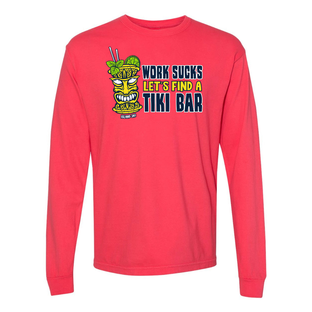 Red long-sleeve shirt with a tiki bar graphic and text on a white background