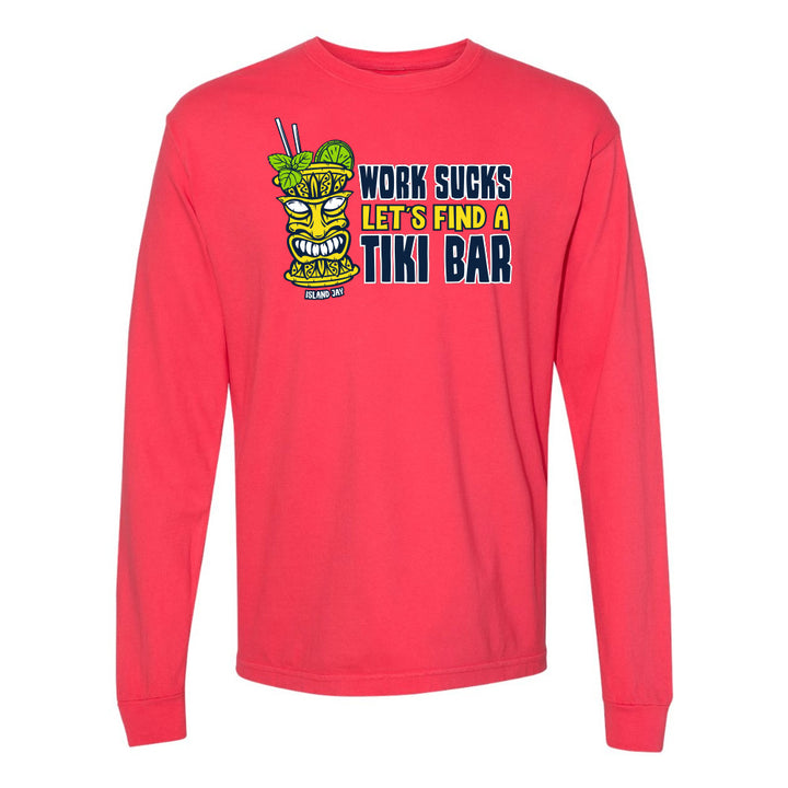 Red long-sleeve shirt with a tiki bar graphic and text on a white background