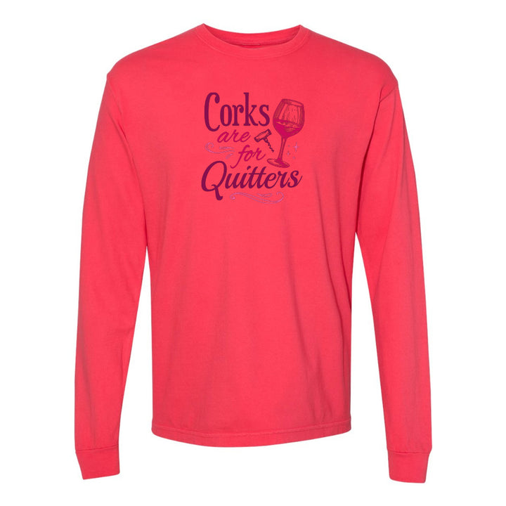 Red long-sleeve shirt with purple text and wine glass graphic on a white background