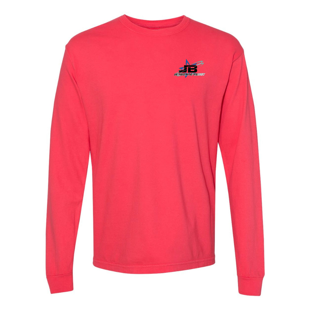 Red long-sleeve shirt with a logo on the chest against a white background