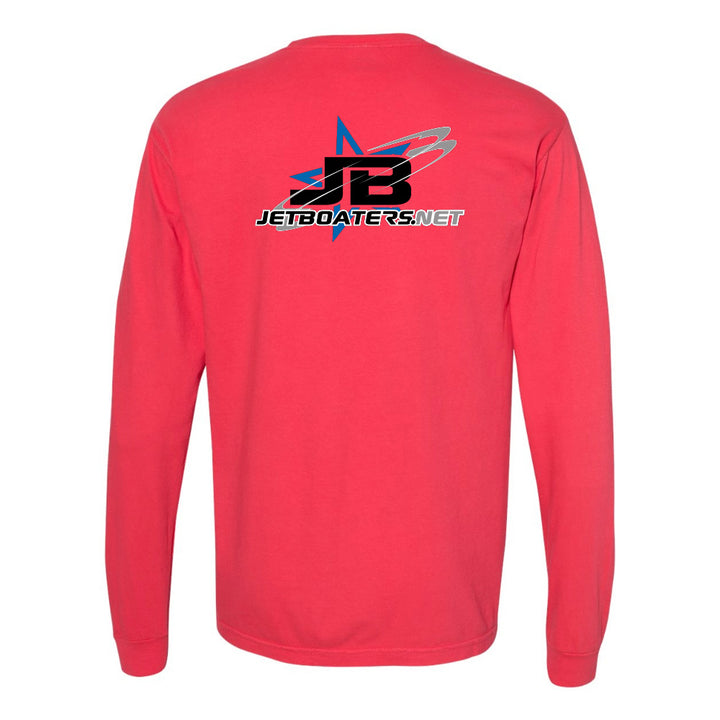 Red long-sleeve shirt with JetBoaters.net logo on the back against a white background