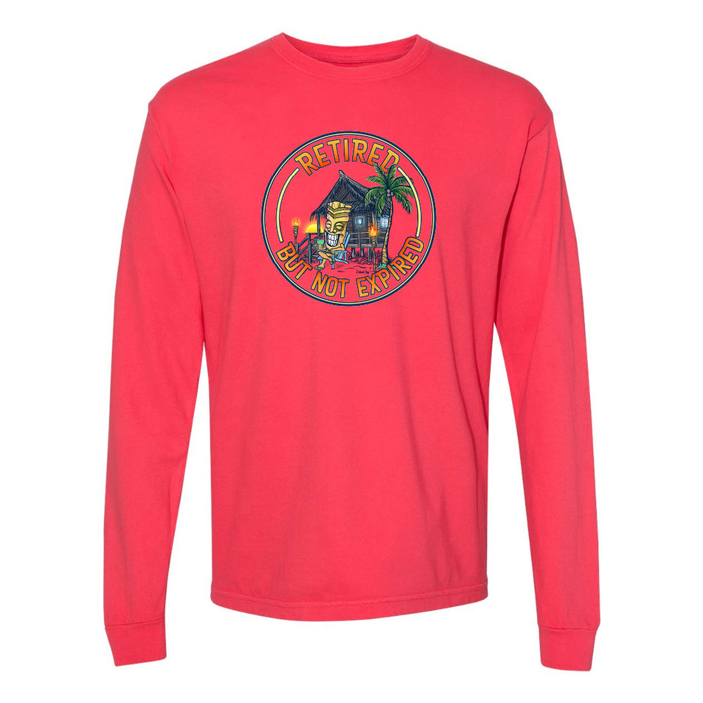 Red long-sleeve shirt with a graphic design on a white background