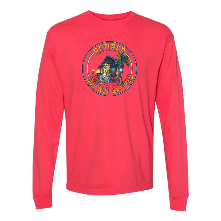 Red long-sleeve shirt with a graphic design on a white background