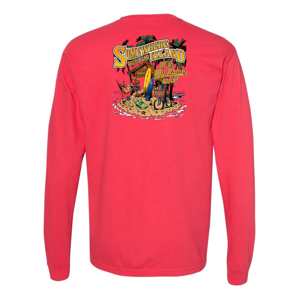 Red long-sleeve shirt with a colorful graphic on the back against a white background