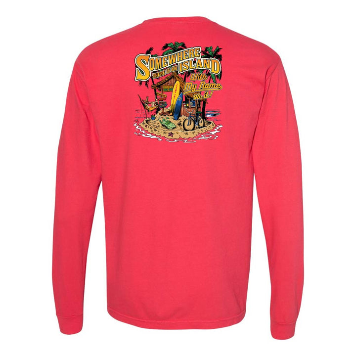 Red long-sleeve shirt with a colorful graphic on the back against a white background