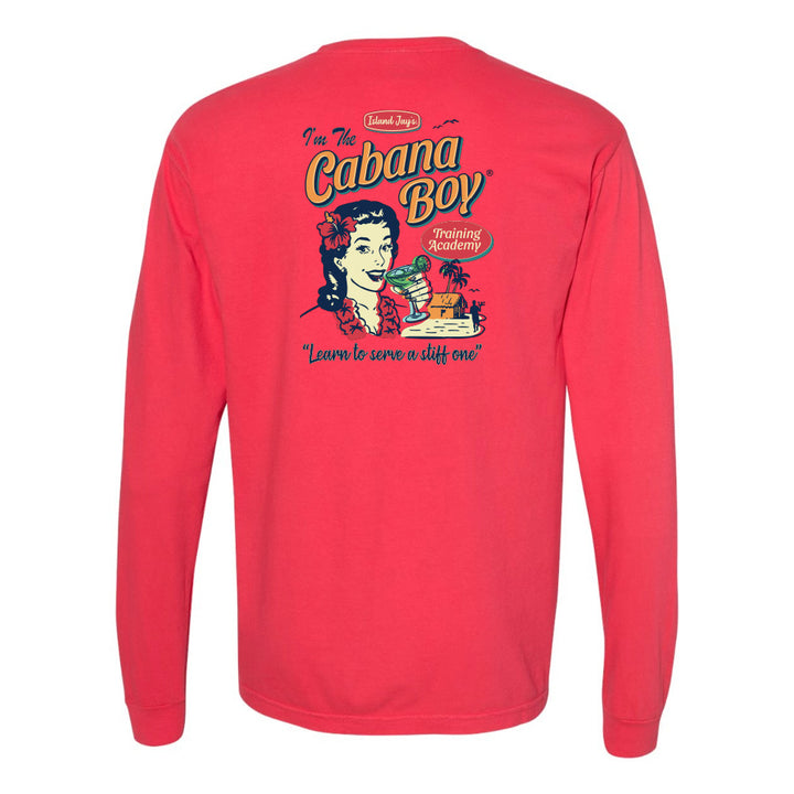 Red long-sleeve shirt with vintage-style graphic and text on a white background