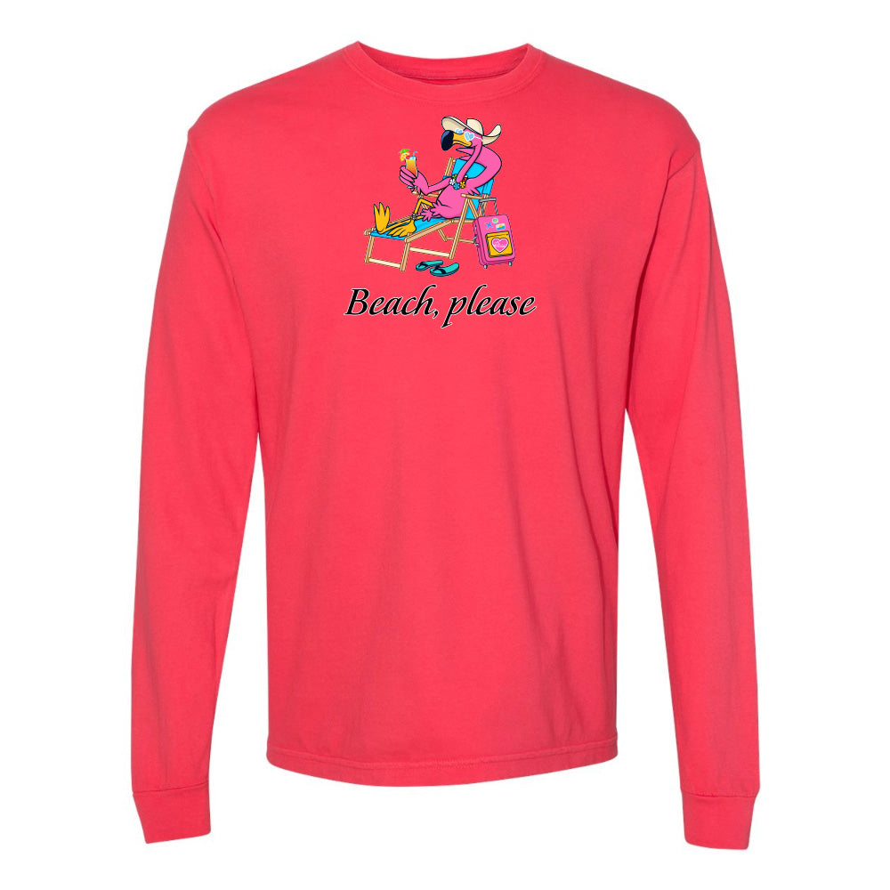 Red long-sleeve shirt with a cartoon character and 'Beach, please' text on a white background