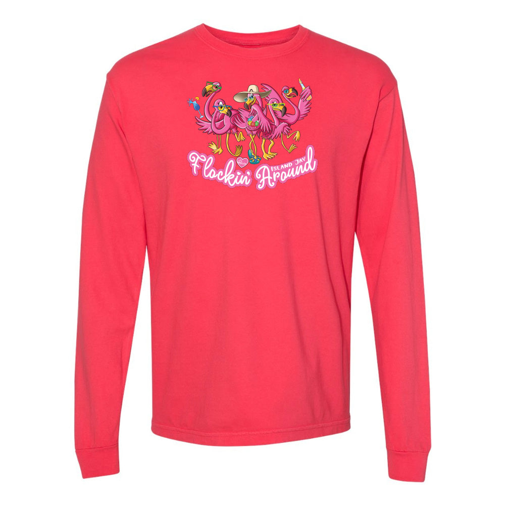 Red long-sleeve shirt with flamingo design and text on a white background