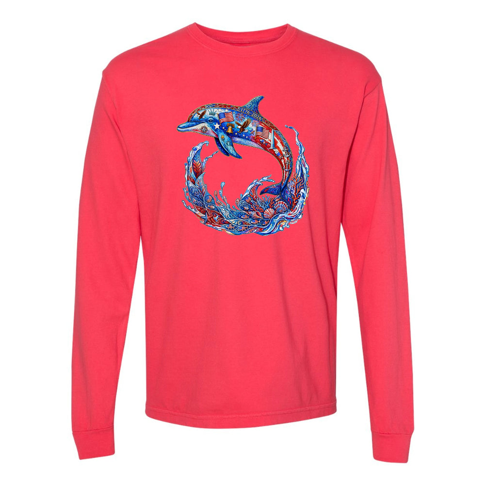 Red long-sleeve shirt with a colorful dolphin design on a white background