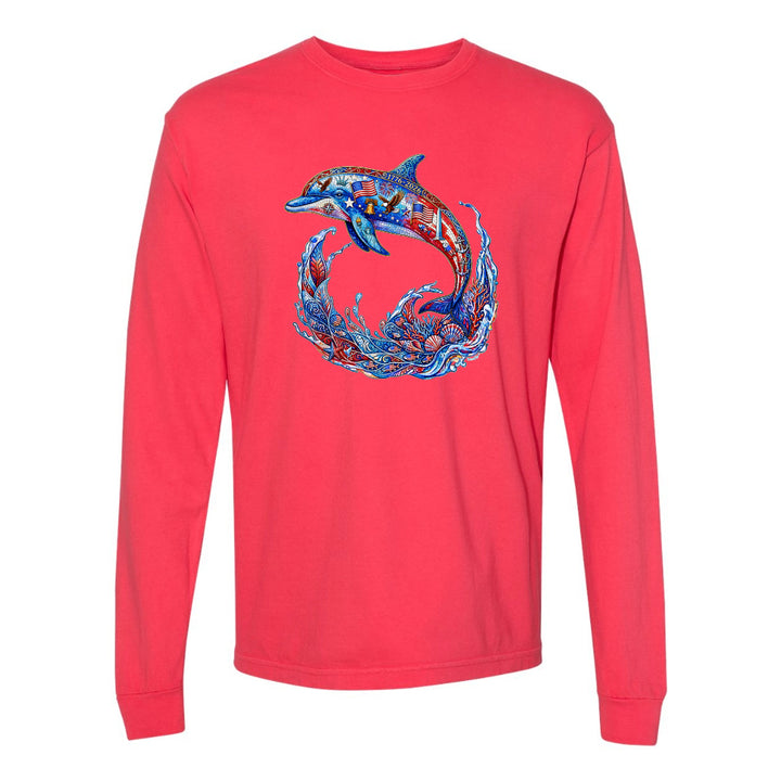 Red long-sleeve shirt with a colorful dolphin design on a white background