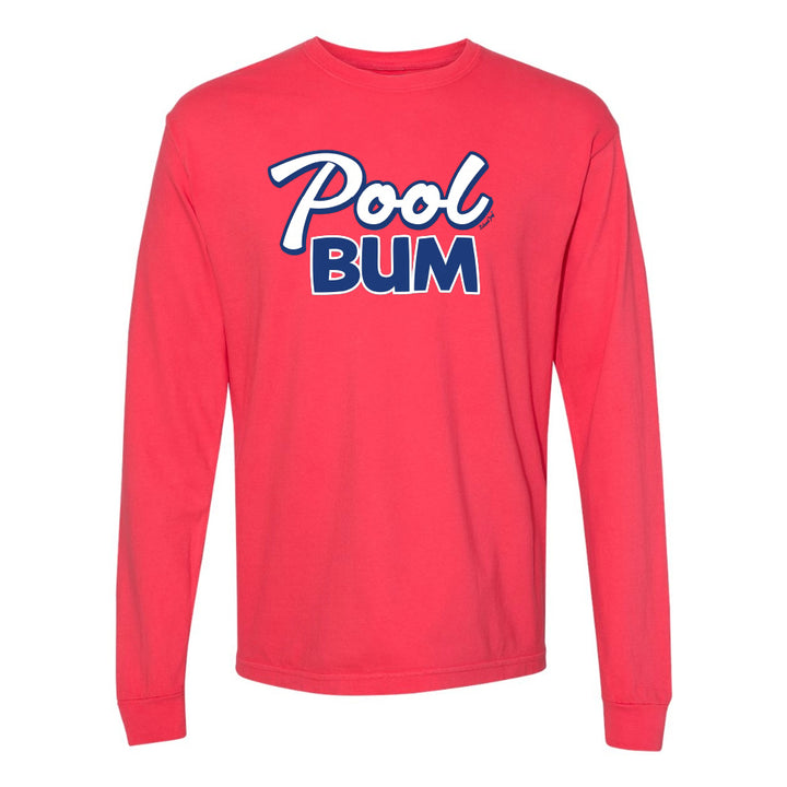 Red long-sleeve shirt with 'Pool Bum' text on a white background