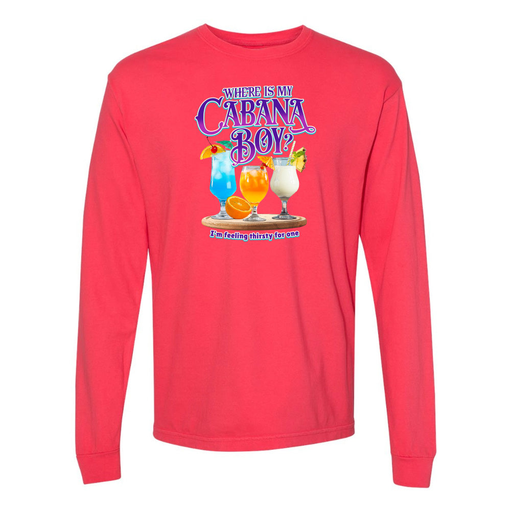 Red long-sleeve shirt with 'Where is my Cabana Boy' graphic on a white background