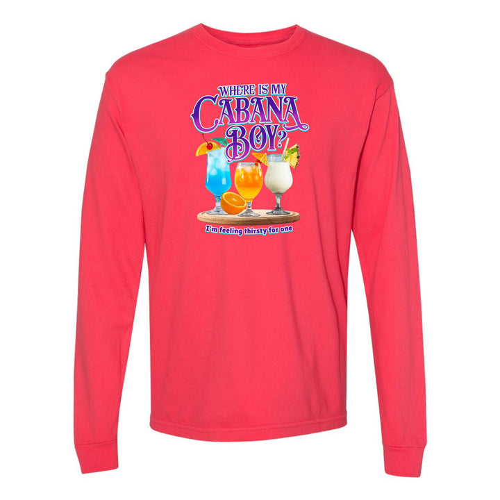 Red long-sleeve shirt with 'Where is my Cabana Boy' graphic on a white background