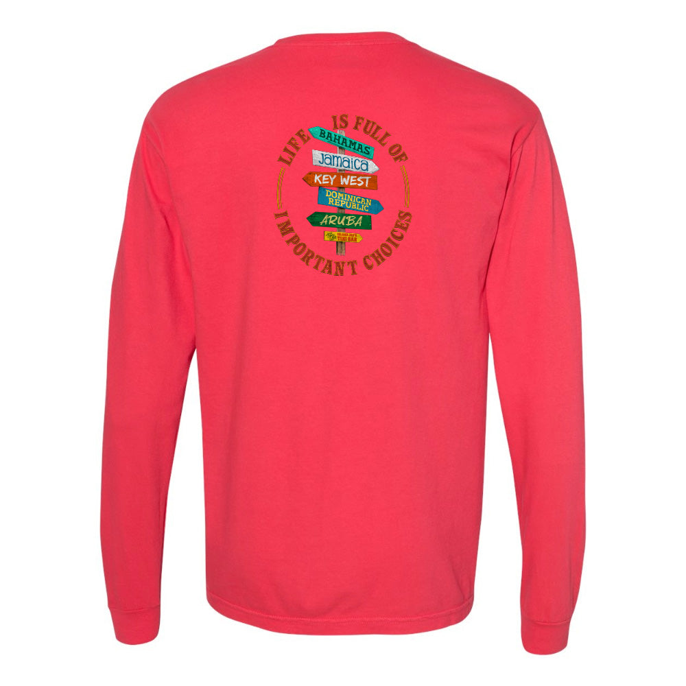 Red long-sleeve shirt with colorful graphic on the back against a white background