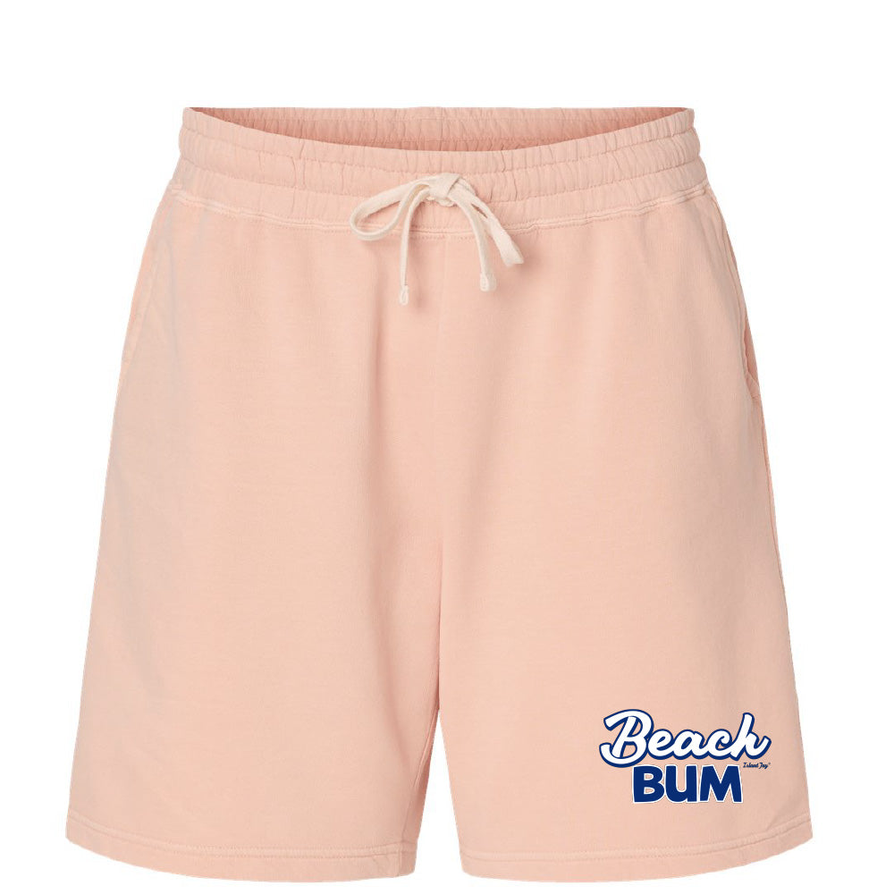 Pink shorts with 'Beach Bum' text on a white background