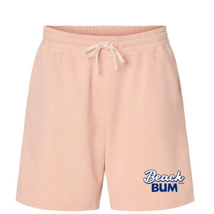 Pink shorts with 'Beach Bum' text on a white background