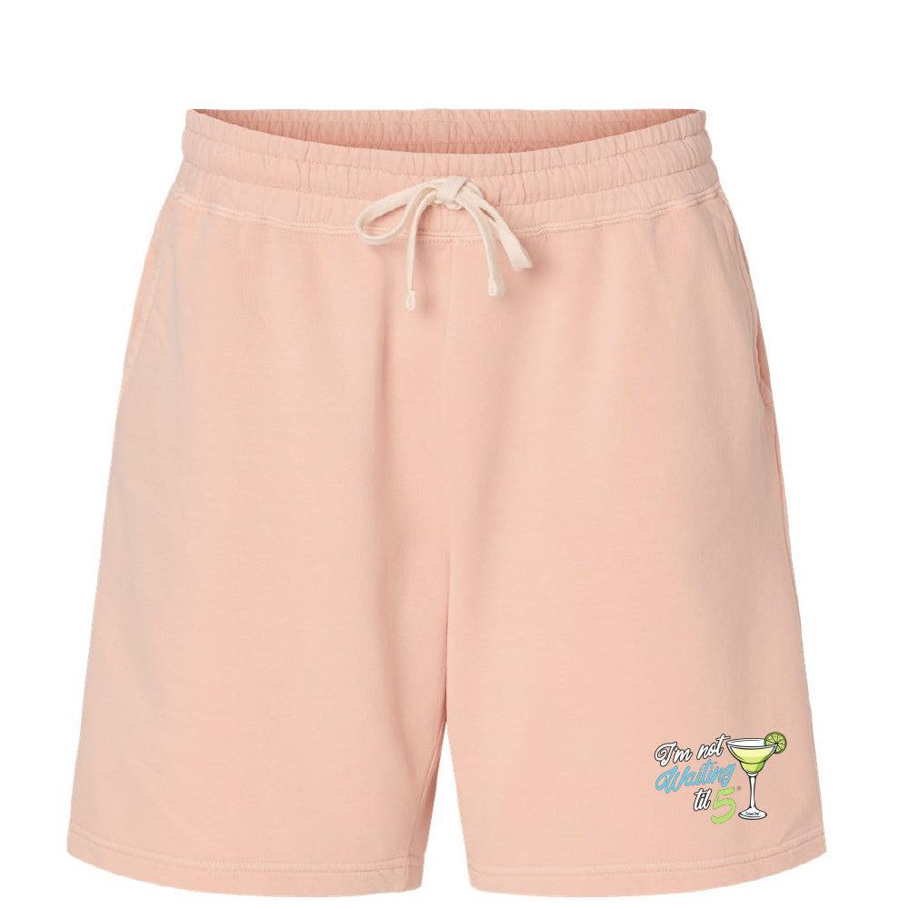 Pink shorts with a small graphic on a white background