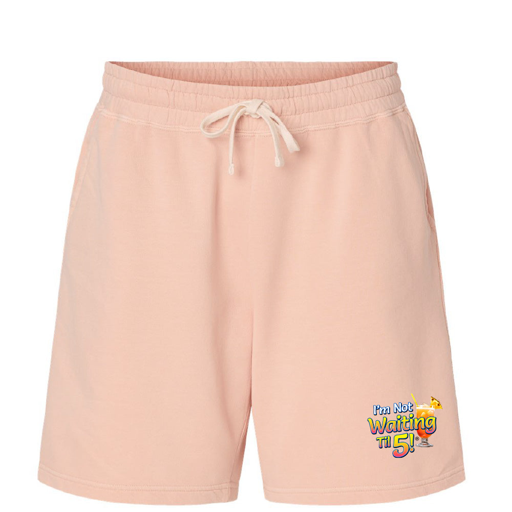 Pink shorts with a colorful graphic on a white background