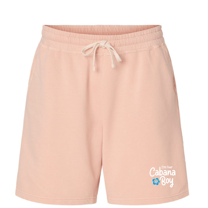 Pink shorts with 'I'm that Cabana Boy' logo on a white background