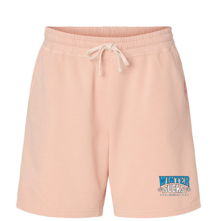 Pink shorts with 'Winter Sucks' text on a white background