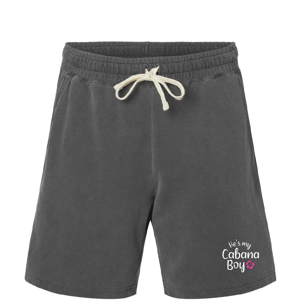 Gray shorts with a drawstring and 'He's my Cabana Boy' text on a white background