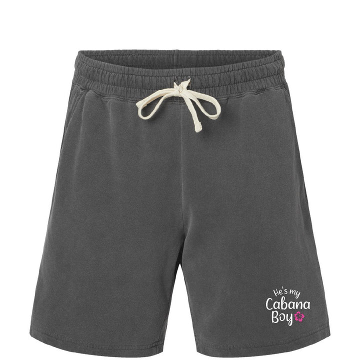 Gray shorts with a drawstring and 'He's my Cabana Boy' text on a white background