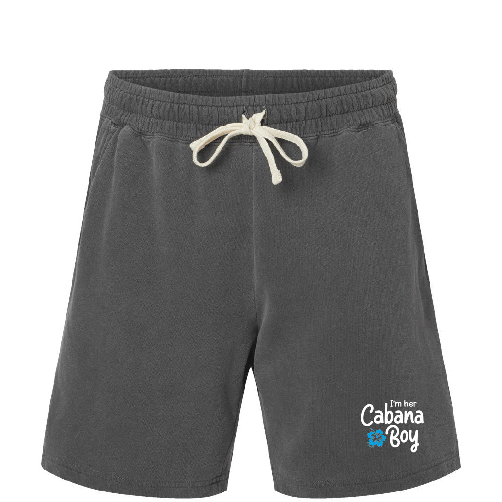 Gray shorts with a logo and text on a white background