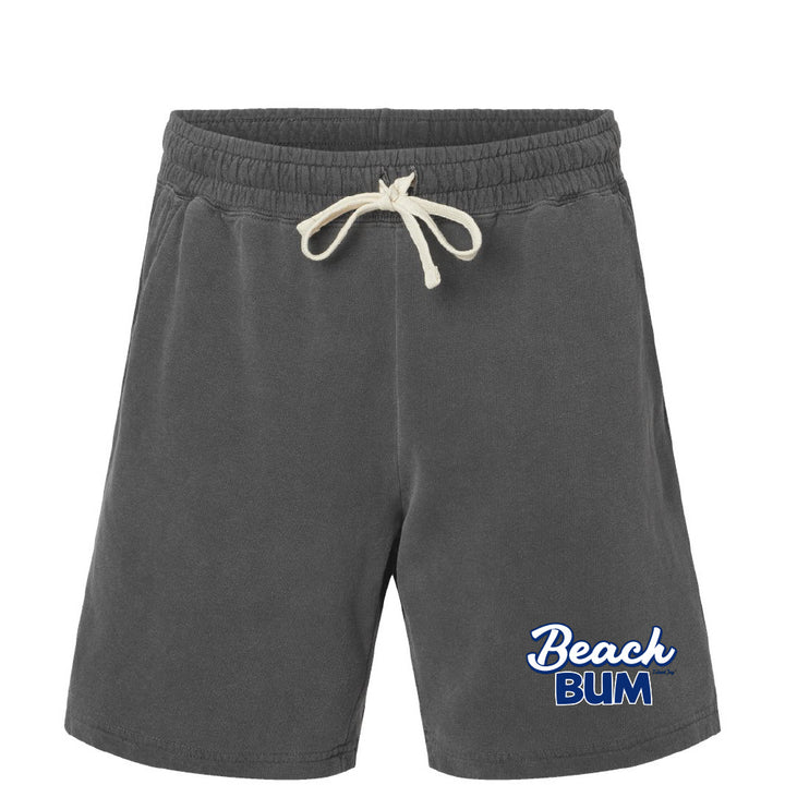 Gray shorts with a drawstring and 'Beach Bum' text on a white background
