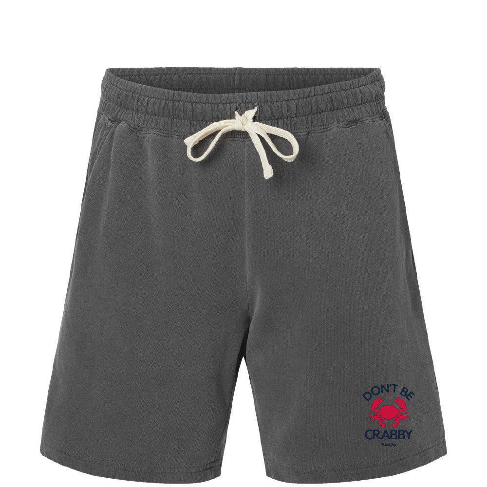 Gray shorts with a red crab graphic and 'Don't Be Crabby' text on a white background