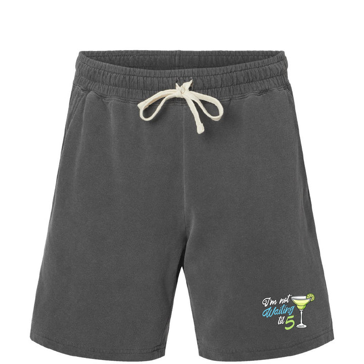 Gray shorts with a small graphic and text on a white background