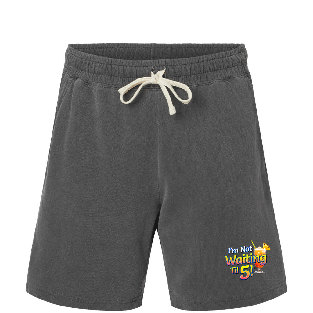 Gray shorts with a colorful graphic on a white background