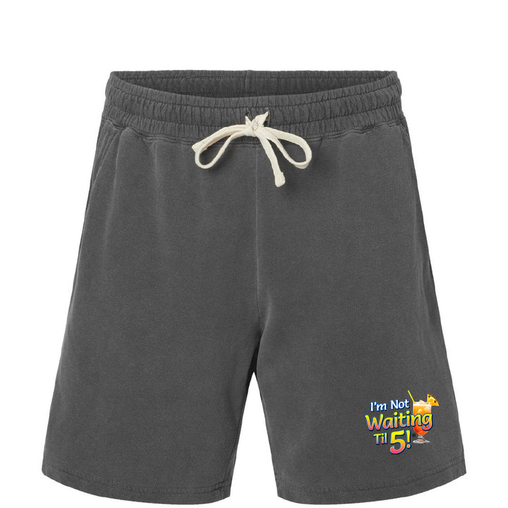 Gray shorts with a colorful graphic on a white background