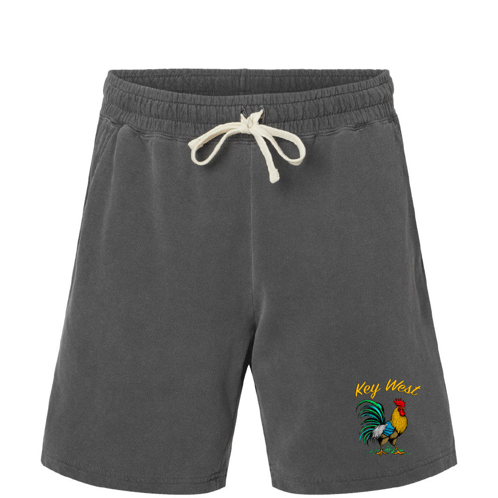 Gray shorts with a rooster graphic and 'Key West' text on a white background