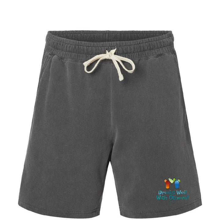 Gray shorts with a colorful logo on a white background