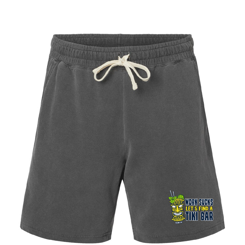 Gray shorts with a tiki bar graphic and text on a white background