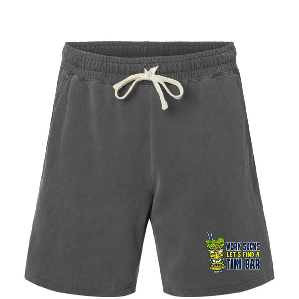 Gray shorts with a tiki bar graphic and text on a white background