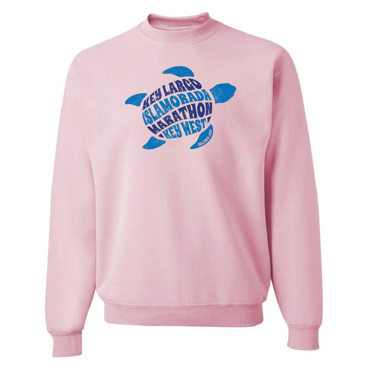 Pink sweatshirt with blue turtle design and text on a white background