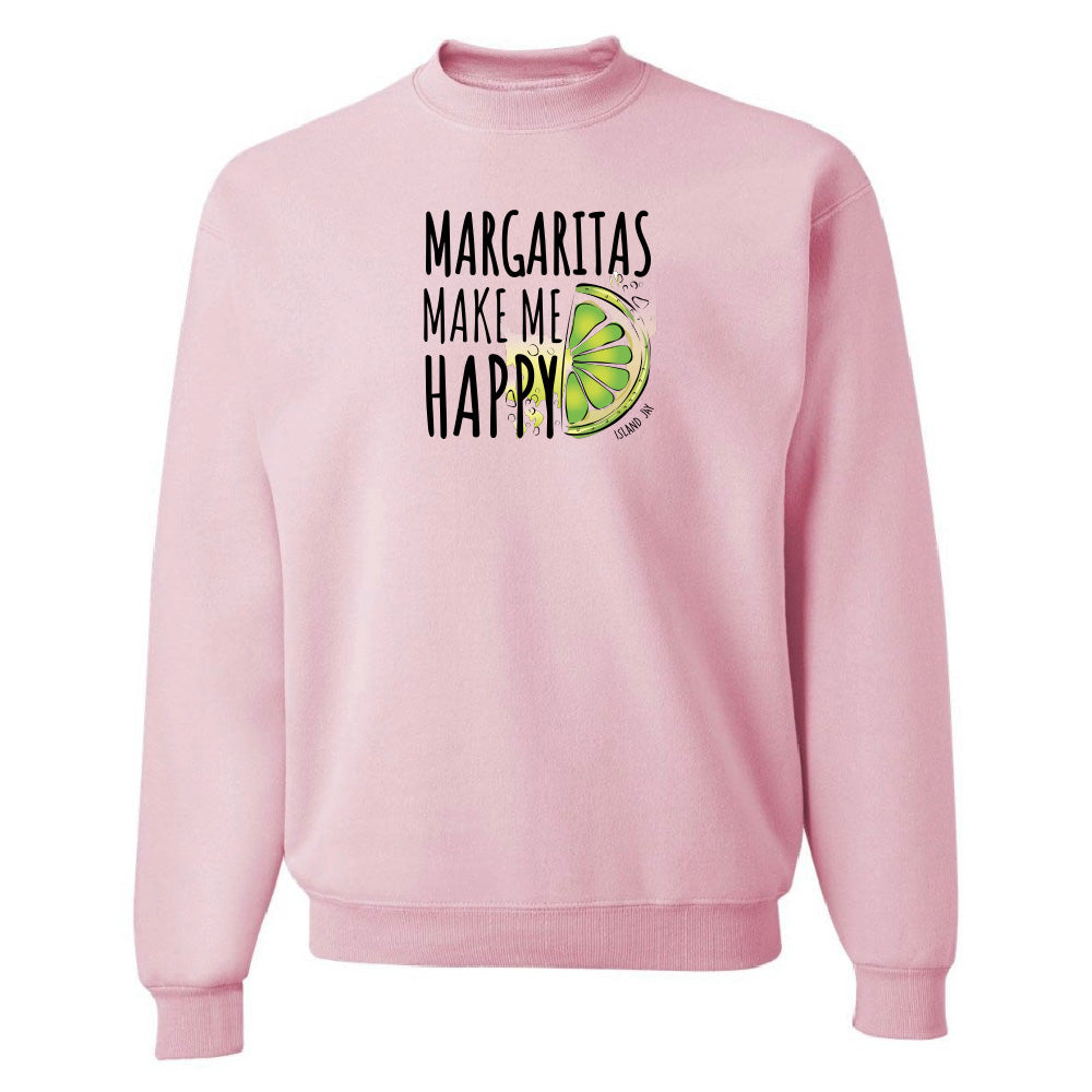 Pink sweatshirt with 'Margaritas Make Me Happy' text and lime graphic on a white background