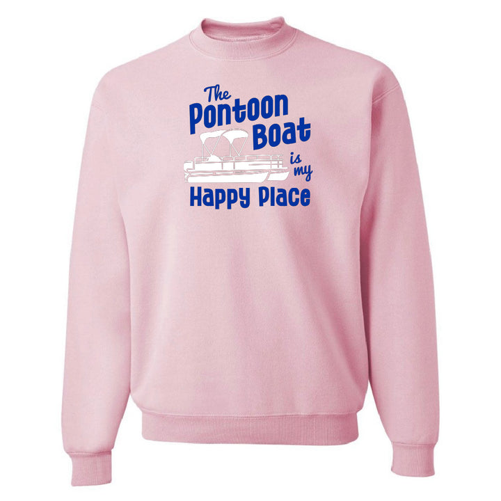 Pink sweatshirt with blue text and graphic on a white background
