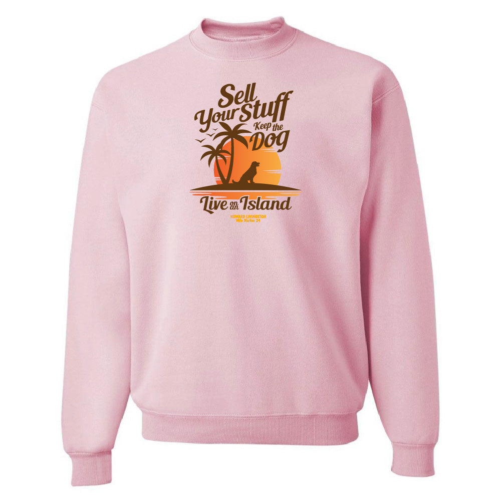 Pink sweatshirt with a graphic design and text on a white background