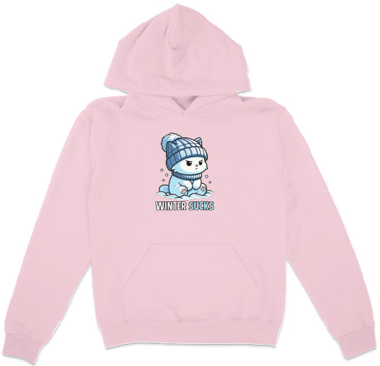 Pink hoodie with a cartoon character and 'Winter Sucks' text on a white background