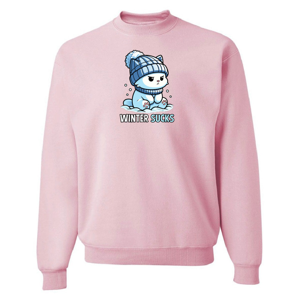 Pink sweatshirt with a cartoon character and 'Winter Sucks' text on a white background