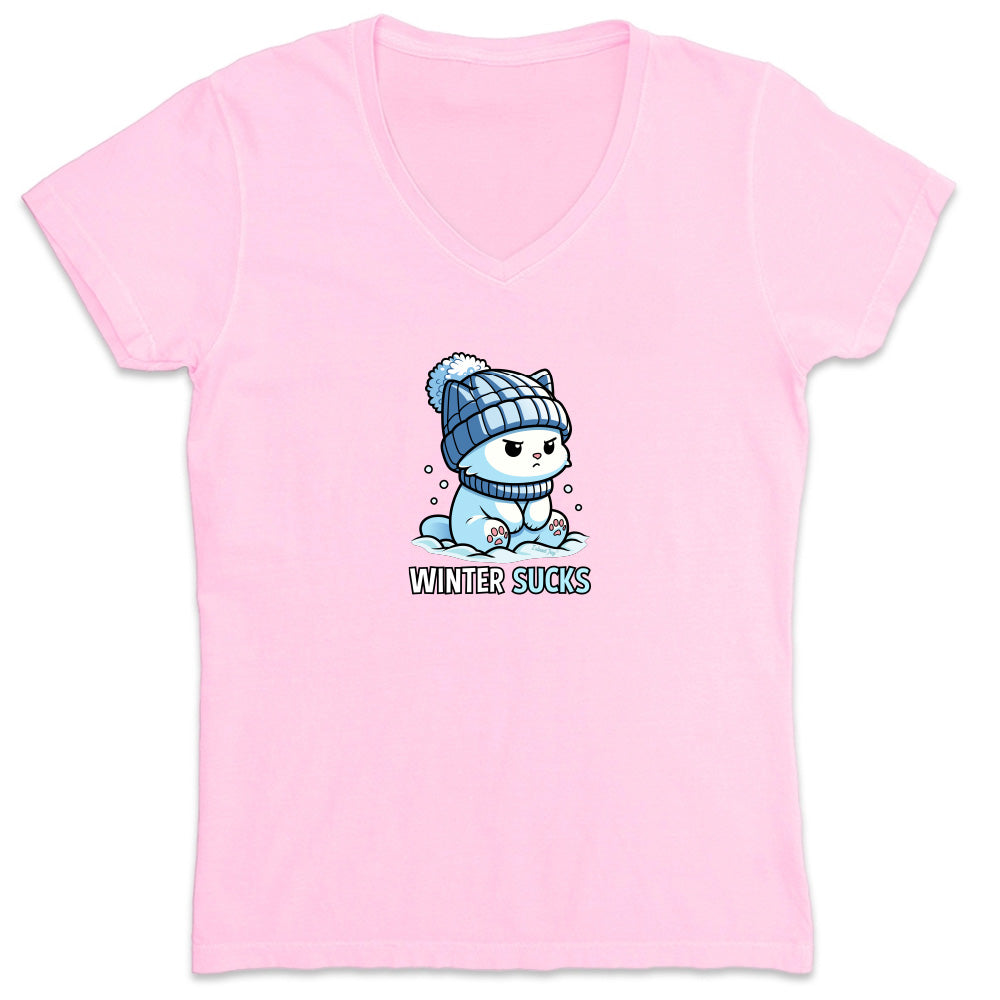 Pink t-shirt with a cartoon penguin wearing a hat and scarf, and 'Winter Sucks' text on a white background.