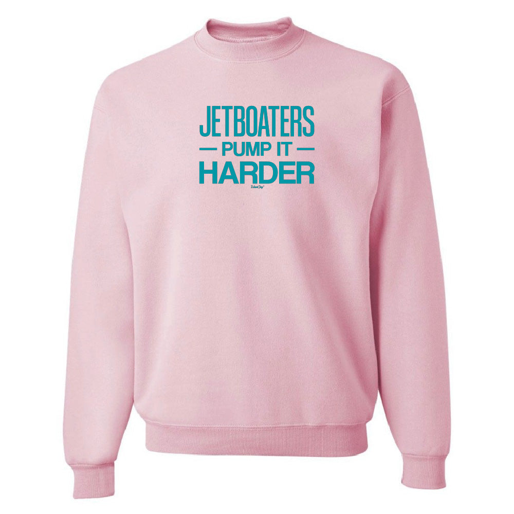 Pink sweatshirt with blue text on a white background