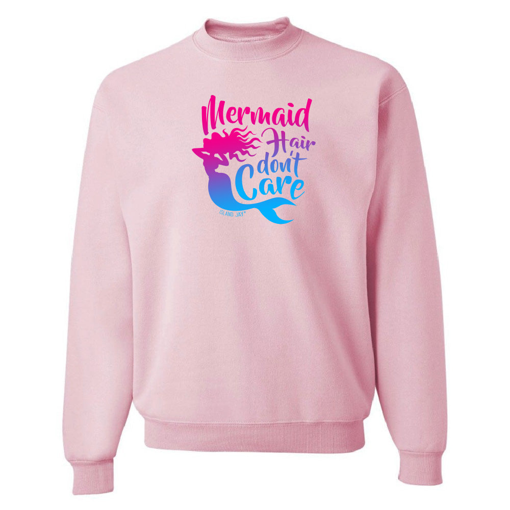 Pink sweatshirt with 'Mermaid Hair Don't Care' text and mermaid graphic on a white background
