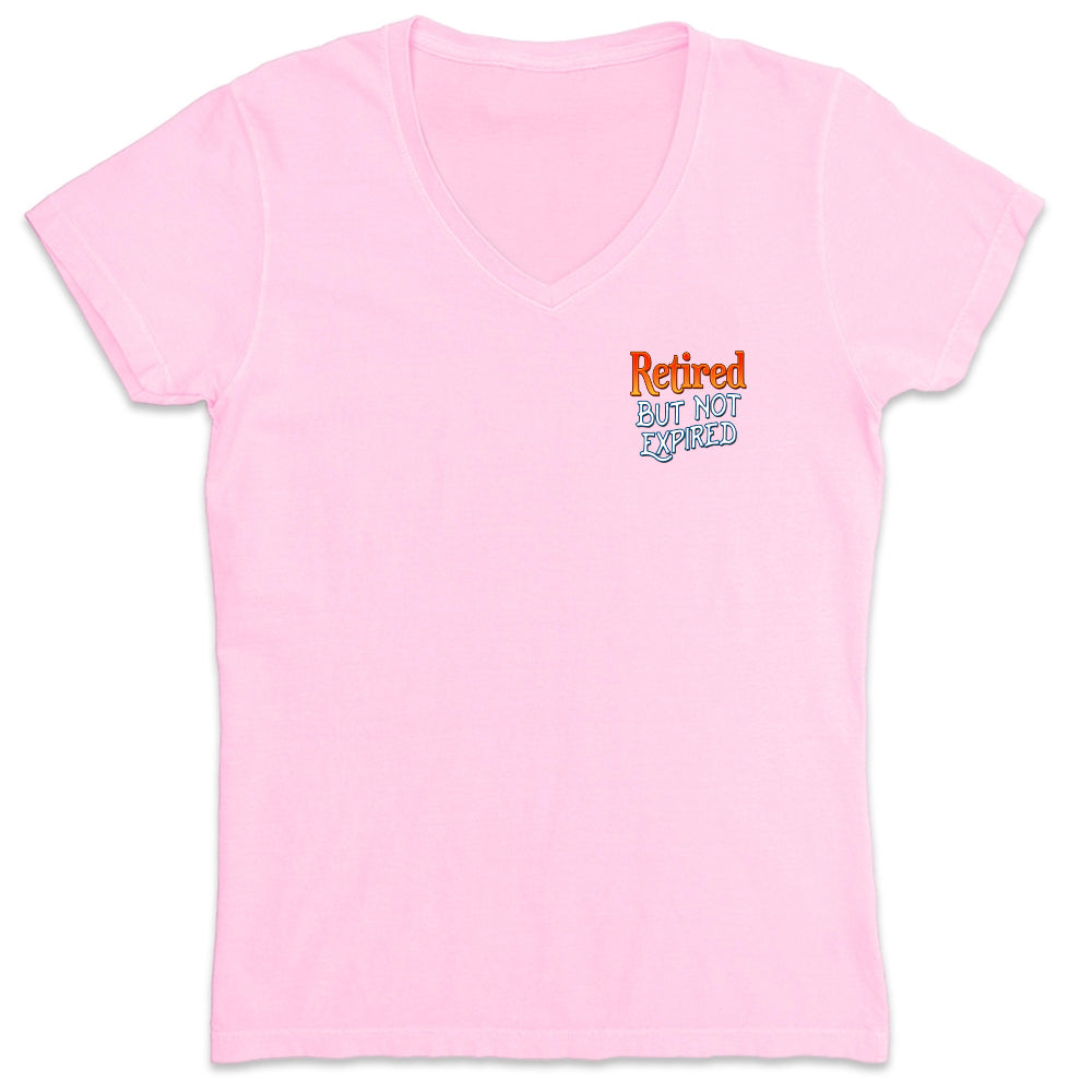 Pink t-shirt with 'Retired But Not Expired' text on a white background