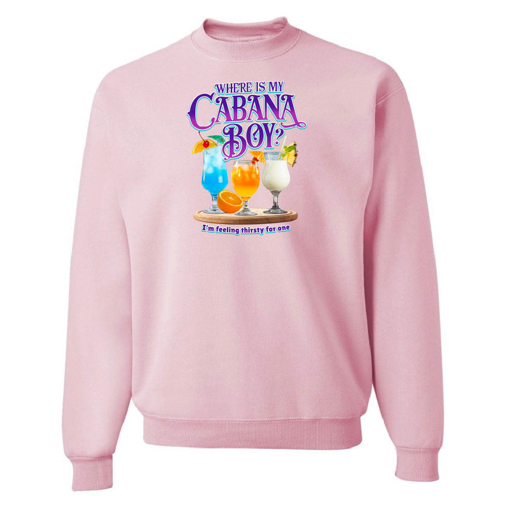 Pink sweatshirt with tropical drink graphic and text on a white background