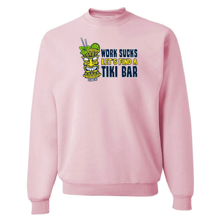 Pink sweatshirt with a tiki bar graphic and text on a white background
