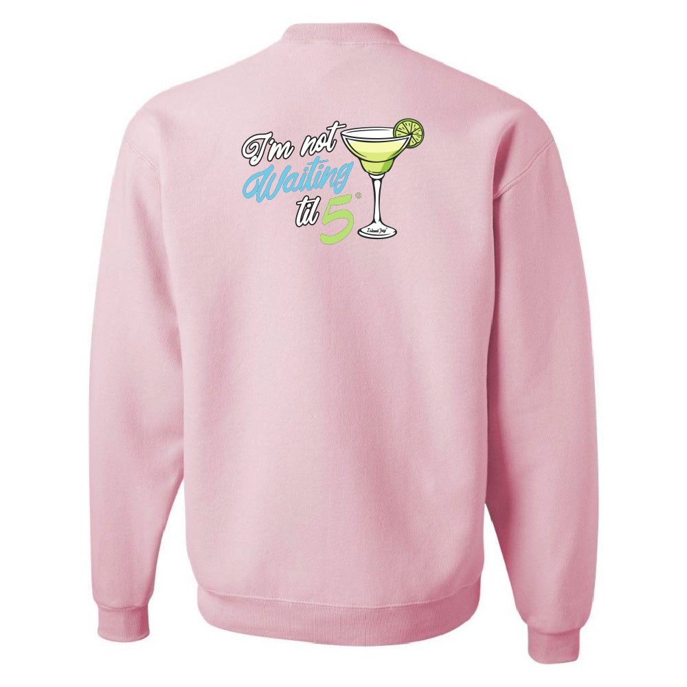 Pink sweatshirt with a graphic and text on the back against a white background